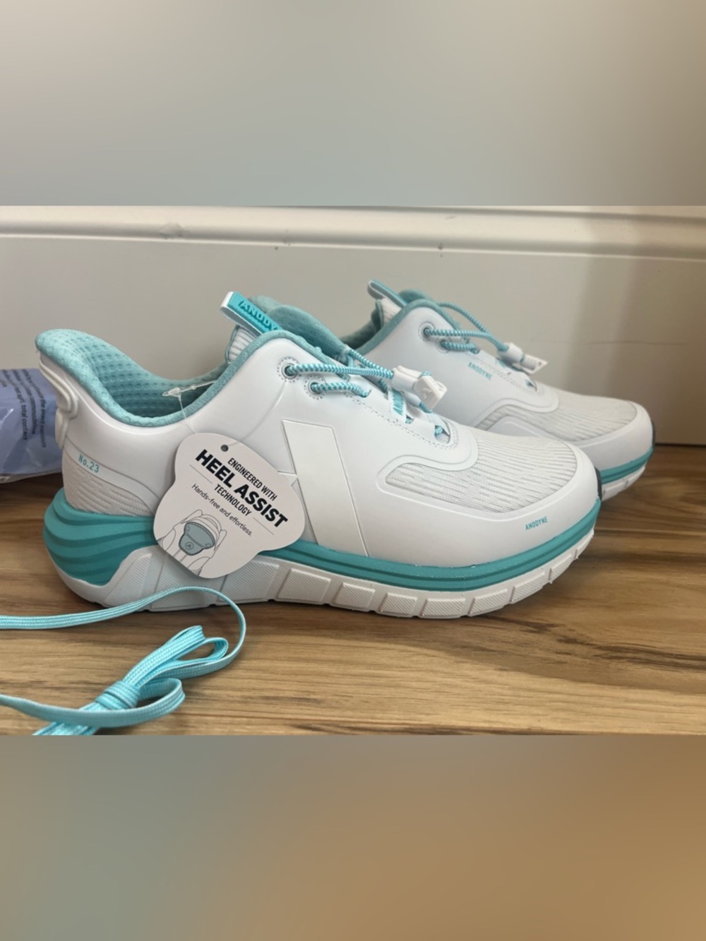 Women's Athletic Sneakers with Heel Assist in White and Aqua